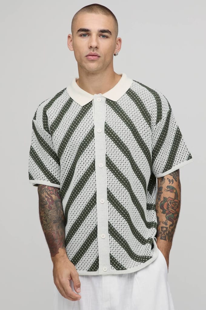 Gebreid Overhemd Met Ontspannen Pasvorm En Open Steek Streeppatroon | Olive | Size XS