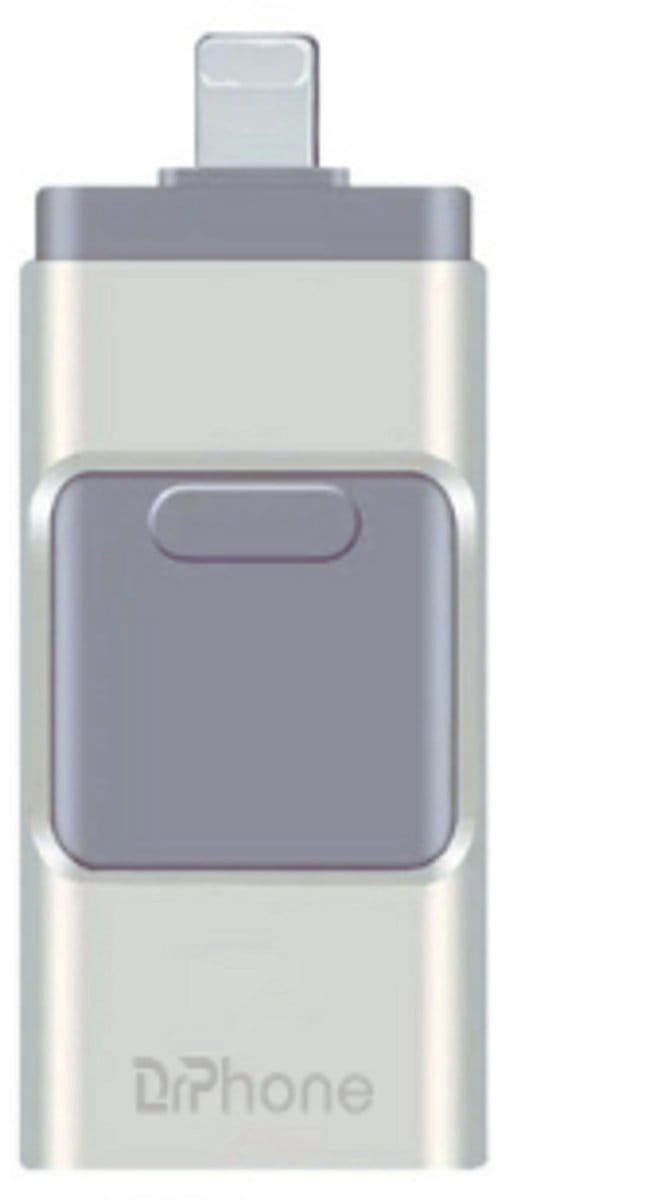 DrPhone 128GB 3-in-1 Flashdrive USB Stick – USB 3.0 + Micro USB + Lightning – Inclusief USB-C OTG Adapter – Geschikt voor iPhone, Android & Tablet – Zilver