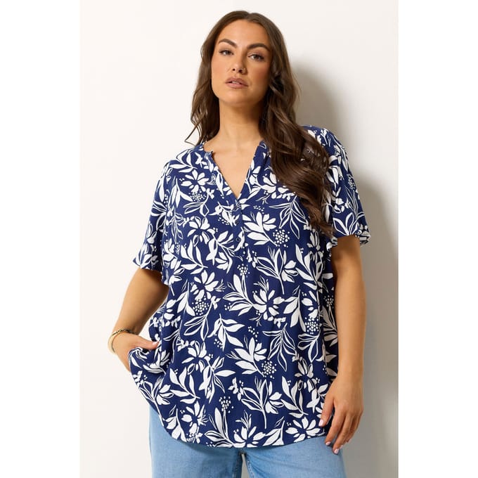 Yours Marineblauwe Top Met Bladvormige Vhals Size 42