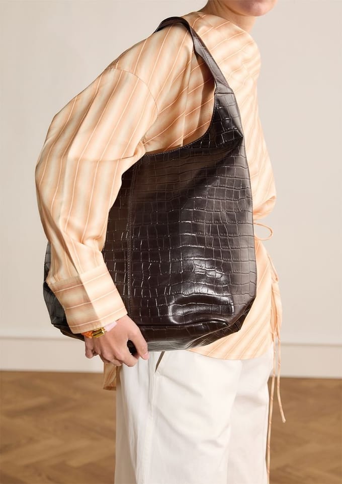 Manfield - Donkerbruine leren croco shopper
