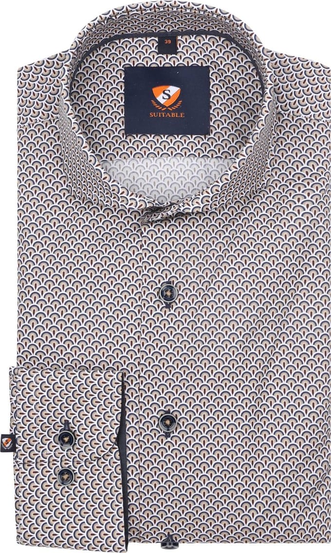 Suitable Overhemd Twill Print Beige - Maat 42 - Heren - Overhemden Formeel