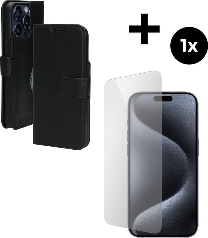 Mobiparts Classic Wallet hoesje geschikt voor Apple iPhone 15 Pro Max met 1 Screenprotector van Gehard Glas - Zwart