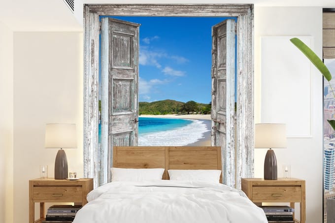 Behang - Fotobehang Zee - Tropical - Doorkijk - Strand - Breedte 165 cm x hoogte 220 cm