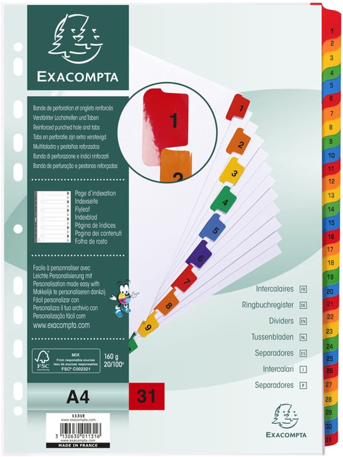 Exacompta Tabbladen karton 160g - geplastificeerde, gekleurde tabs - 31 tabs - 1 tot 31 - A4 - Wit - 1131E