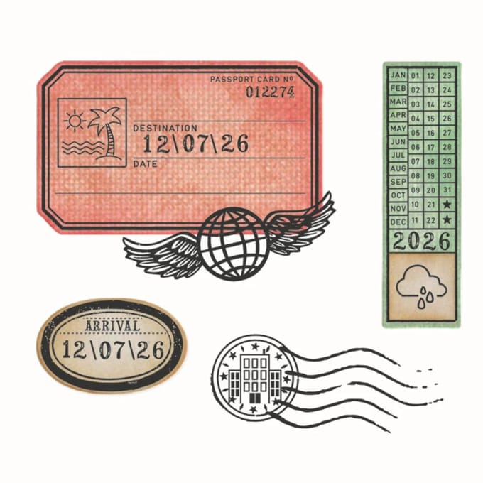 Sizzix Framelits Ponssjabloon en Clear Stamps "Globetrotter’s Mark by 49 & Market"