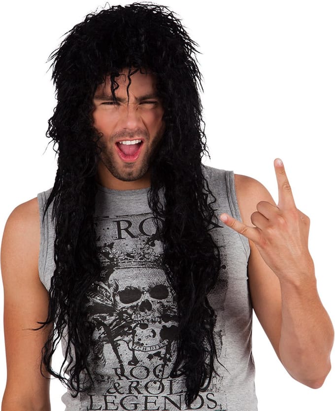 Boland - Pruik Cooper Zwart - Krullen - Lang - Mannen - Rocker - Rock & Roll- 80's & 90's - Punk - Aso