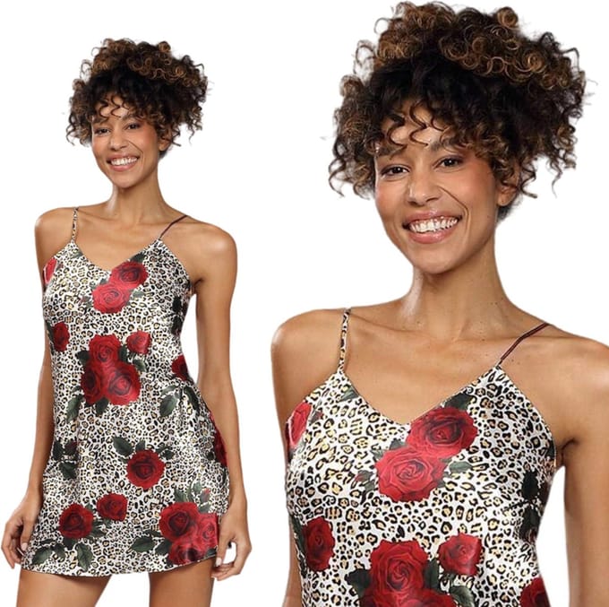 Hoogwardige satijn chemise roze print - Flowers M