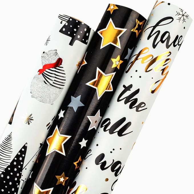 Kerst inpakpapier set - 3 rollen met beren en sterren design