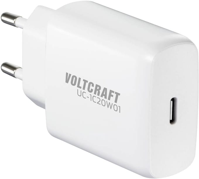 VOLTCRAFT UC-1C20W01 USB-oplader 20 W 1x USB-C Fast Charge, USB PD 3.0 Wit Binnen GaN