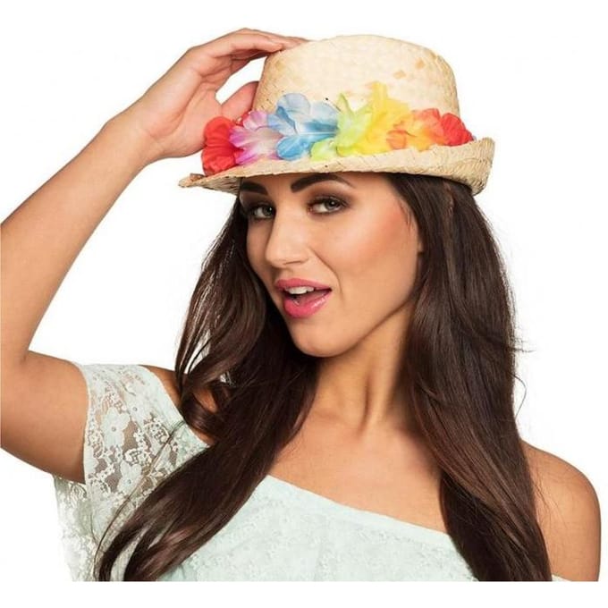 Hawaii strohoed - Fedora hoed - Feesthoedje - Met bloemenkrans - 59 cm - Beige