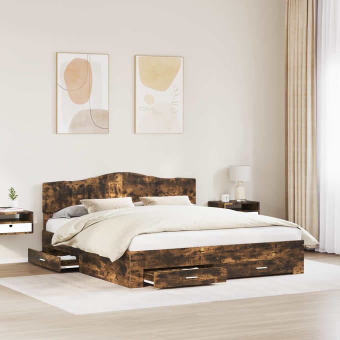 vidaXL - Bedframe - met - lade - Rook - Eiken - 200 - x - 200 - cm - Bewerkt - hout