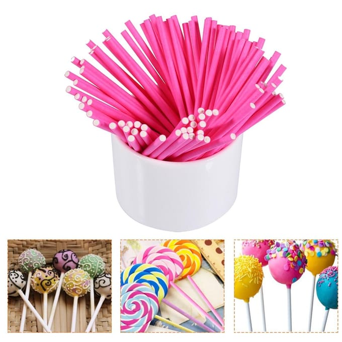 Lot de 100 bâtonnets de sucettes colorés pour gâteaux, bonbons, chocolats, 10 cm, rose pink