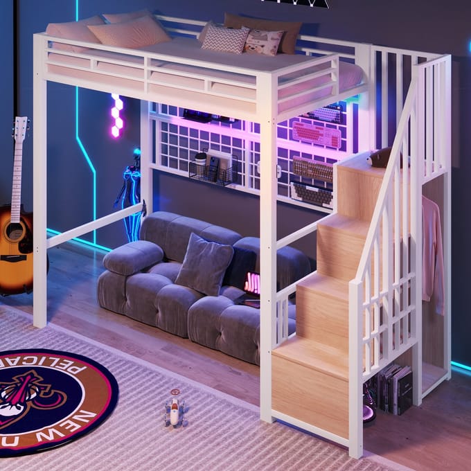 MODFU Hoogslaper 90x200 cm – Met opbergtrap, garderobe & LED – 7 kleuren – Metaal en MDF – Wit