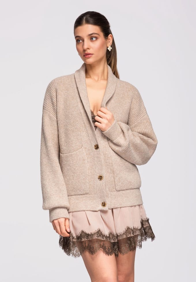 OMBRE Trui - Loose Fit - Lange Mouw - Knopen Beige ONESIZE