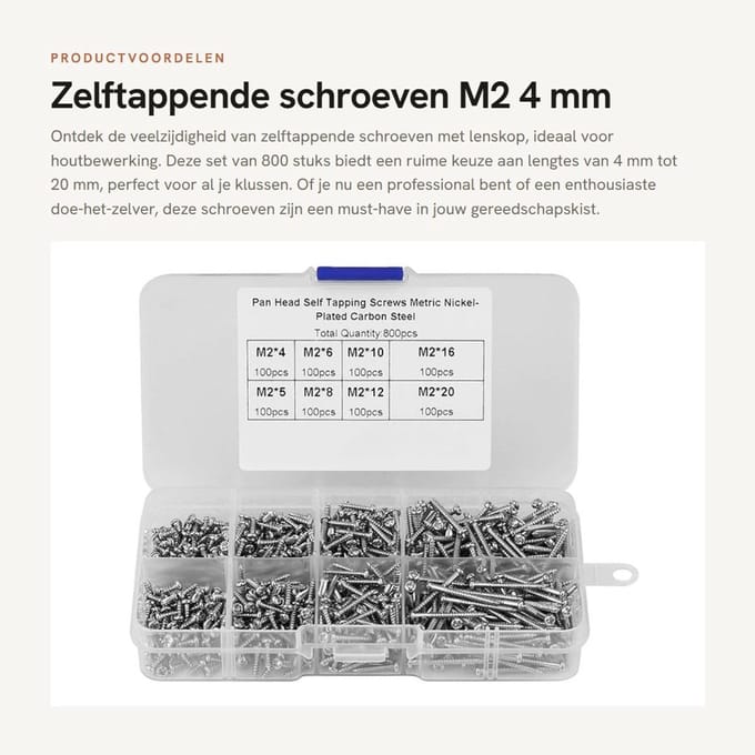 Zelftappende Schroeven M2 4mm - Lenskop - 800 stuks - Ideaal voor houtbewerking - Homevero