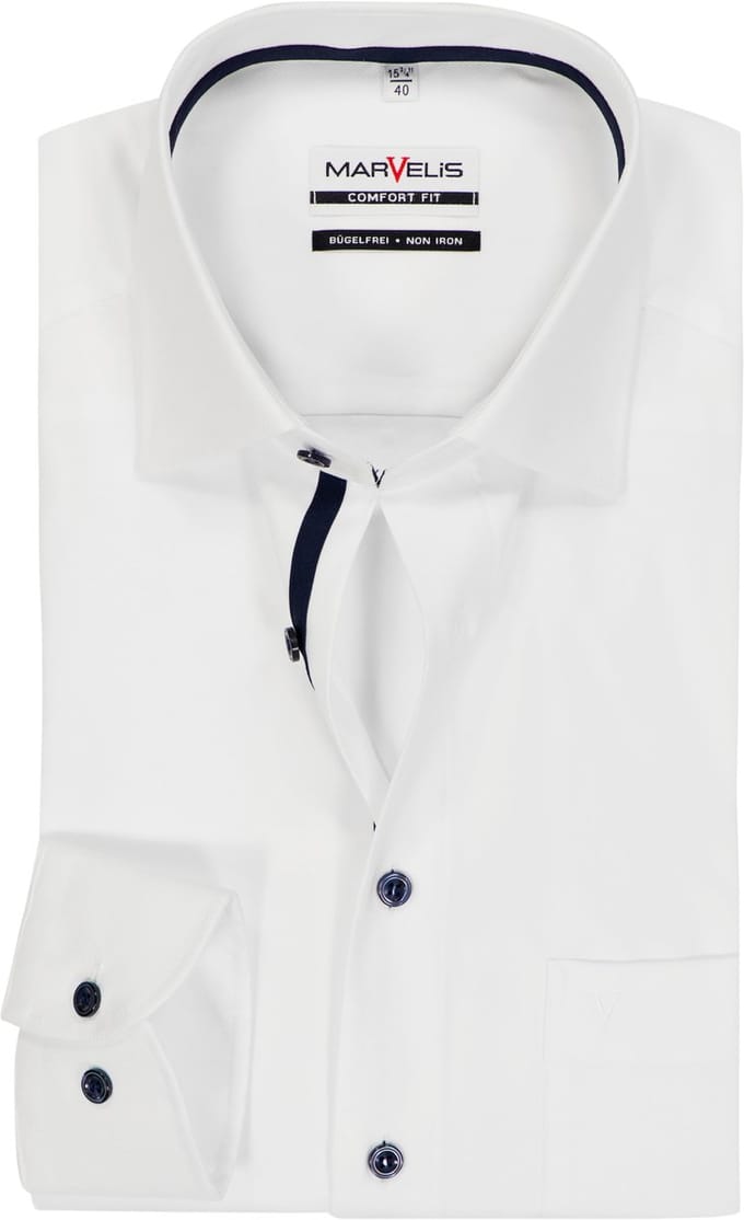 MARVELIS comfort fit overhemd - twill - wit - Strijkvrij - Boordmaat: 42