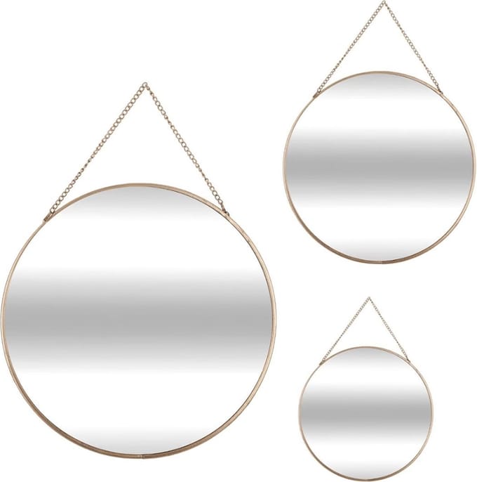 Atmosphera Wandspiegels - set van 3x spiegels - rond - metaal - goud - met ketting