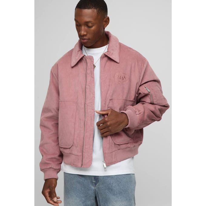 Oversized Fit Cord Collared Contrast Lining Bomber Jacket | Pink | Size Small