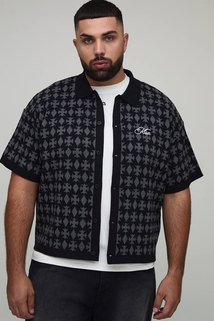 Plus oversized boxy fit jacquard patch gebreide overhemd | Black | Size 2XL
