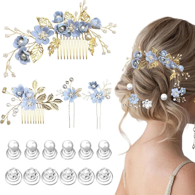 Bruidshaar-kammenset - Blauw - Multi-formaat - Elegante Haaraccessoires met Bloemen en Parels - Voor Dames