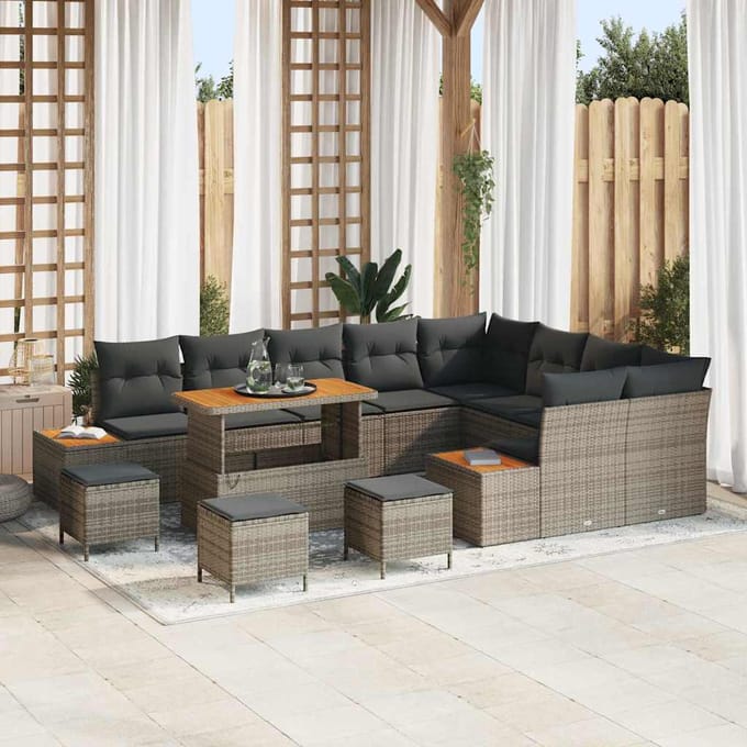 vidaXL - Tuinbank - Set - 13 - st - 12-zits - Grijs - Poly - rattan