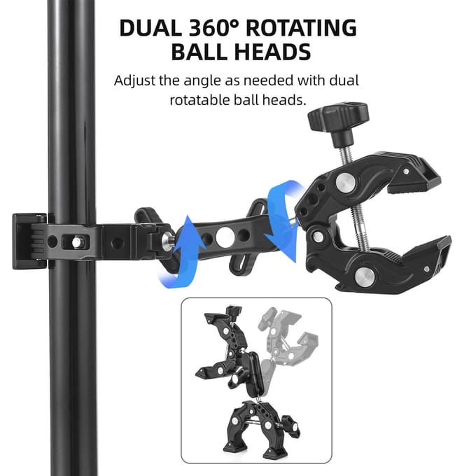 Superklembevestiging Dubbele cameraklem met dubbele kogelkop Cold shoes 1/4 inch ARRI-lokatiegaten zwart