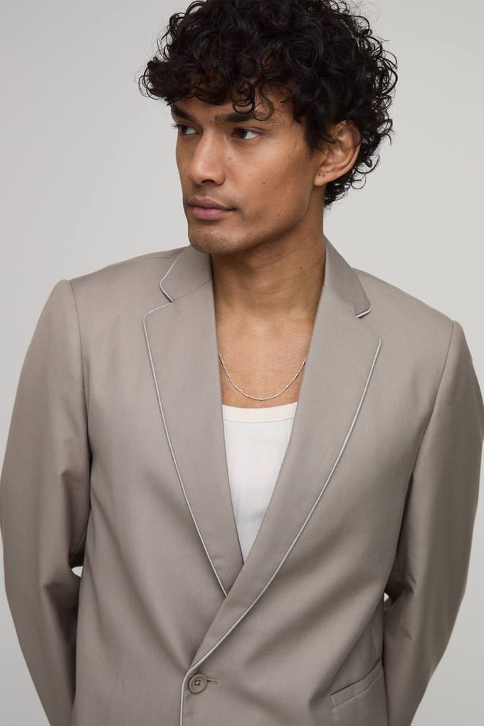 Contrast Piping Trim Cropped Boxy Blazer | Taupe | Size 52