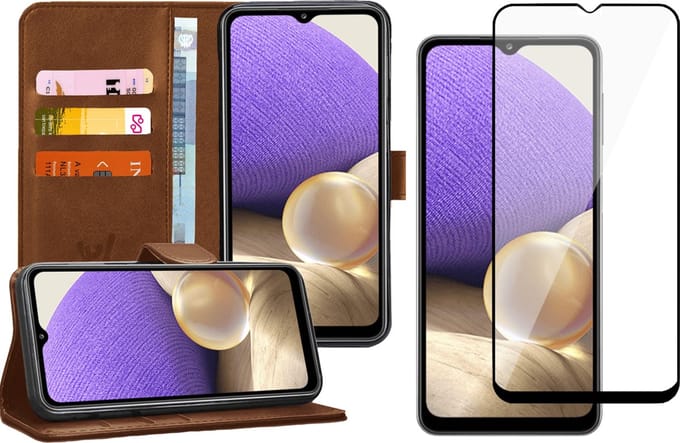 Hoesje geschikt voor Samsung A32 en Screenprotector Book Case Kunstleer Wallet Bruin + Screen Protector Glas Full