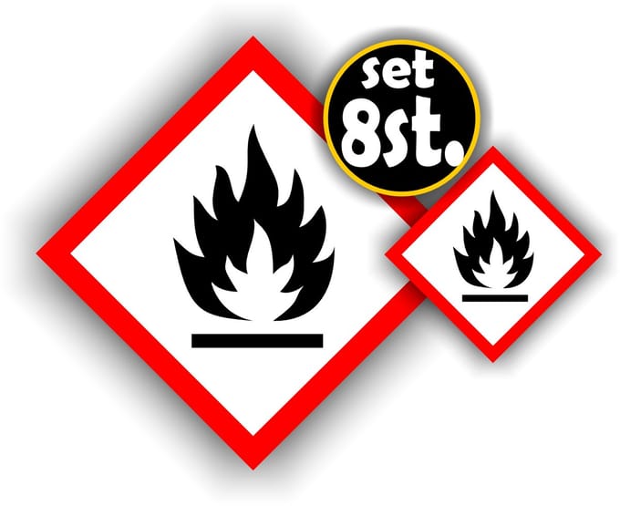 Jerma - Brandbaar - vlam - sticker - GHS02 - Set - 4 van 10 cm - 4 van 5 cm - Weerbestendig -Vinyl