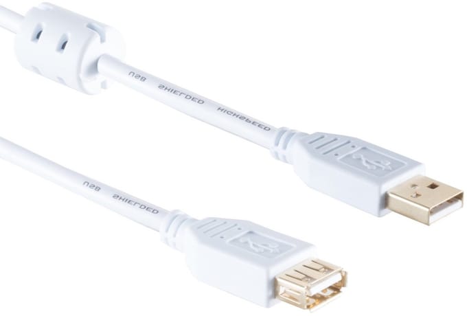 USB-A verlengkabel | ferrietkern | verguld | USB2.0 | 10W | wit | 3 meter