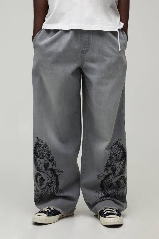 Jeans Met Geborduurd Drakendesign, Elastische Taille En Super Baggy Fit | Grey | Size 46R