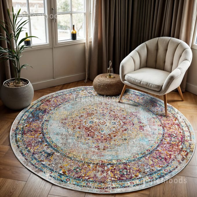 Picasso Keshan Vintage Rond Vloerkleed Multi / Beige Laagpolig- 200 CM Ø