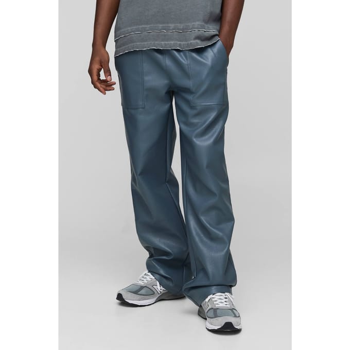 Elasticated Waist PU Relaxed Carpenter Trouser | Slate Blue | Size Medium