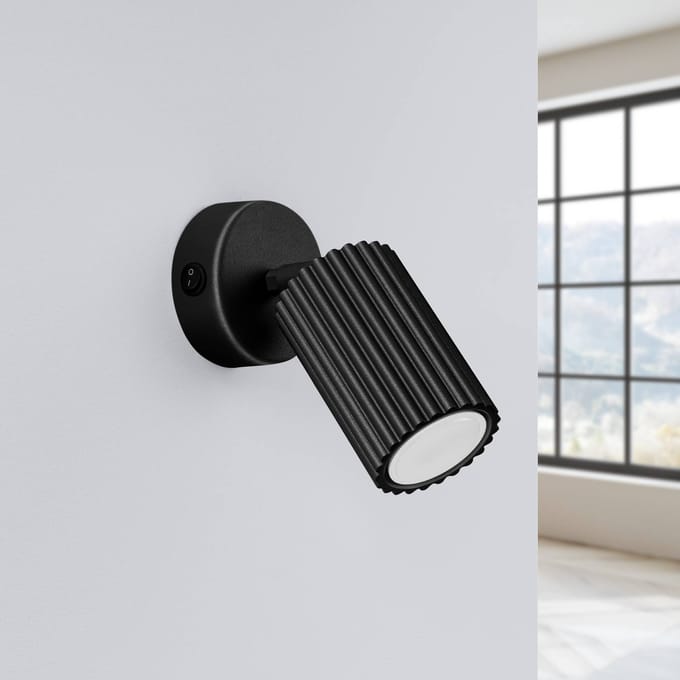 SOLLUX LIGHTING Wandspot carbon, zwart, projectie 16 cm, schakelaar, aluminium