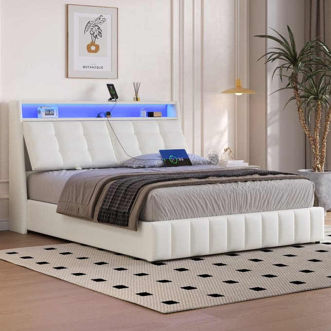 REDOM bedframe met opbergruimte 160x200 cm – PU/MDF, LED, USB, verstelbaar hoofdbord – Wit