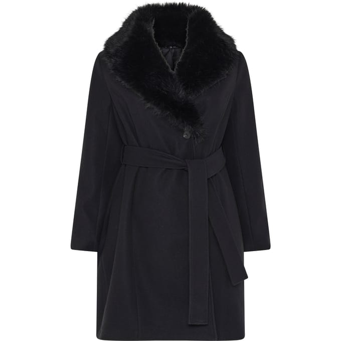 Yours Zwarte Lange Jas Met Kraag Van Imitatiebont Size 44