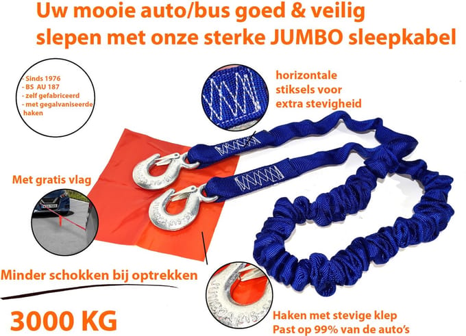 JUMBO Sleepkabel Stretch – 3000KG – Met 2 Haken – Elastisch – Voor Auto Pechhulp & Slepen