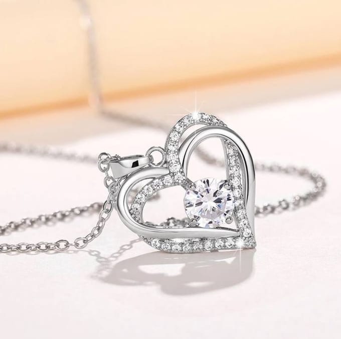 Ketting dubbele hart met zirkonia verzilverd 925