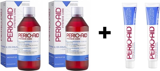 2x Perio-Aid Intensive Care Mondspoelmiddel 012% + 2x Perio Aid intensive care tandpasta 012% Chlorhexidine