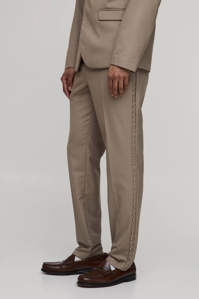 Slim Fit Studded Tailored Trousers | Taupe | Size 46