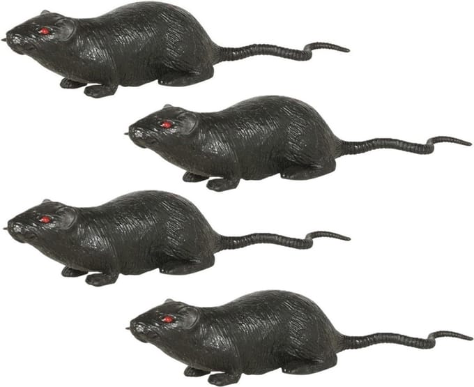 Grote plastic rat - 4x - donkergrijs - 20 cm - met rode ogen - enge namaak dieren - Halloween/horror decoratie/versiering
