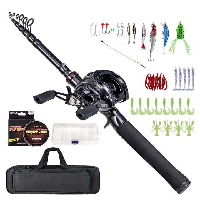 Ensemble canne à pêche et moulinet télescopique portable 180 cm/210 cm avec moulinets à tambour, appât et hameçon 210L