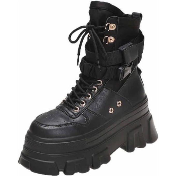 Bottes à semelles épaisses pour femmes, chaussures décoratives à lacets à talons compensés, à la mode 38 noir