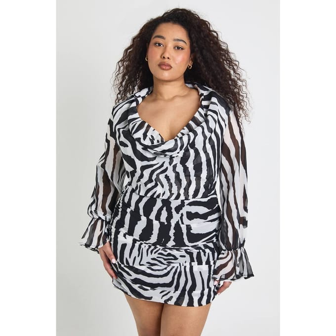 boohoo Dames Plus Zebraprint Chiffon Cowl Neck Hemdenjurk | Maat: 44