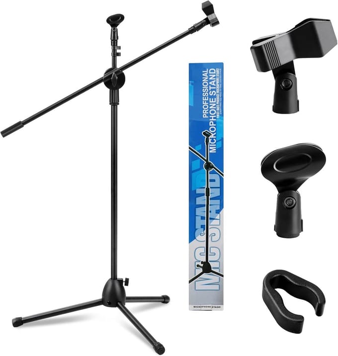 Microfoonstandaard, 2-in-1, dual-use-basis, microfoonstatief met 2 microfoonklemmen, zwenkarm en adapter, 73-175 cm, in hoogte verstelbaar, driepotige microfoonstandaard