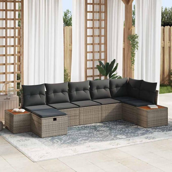 vidaXL - Tuinbank - Set - met - kussen - 7 - pcs - Grijs - Poly - rattan