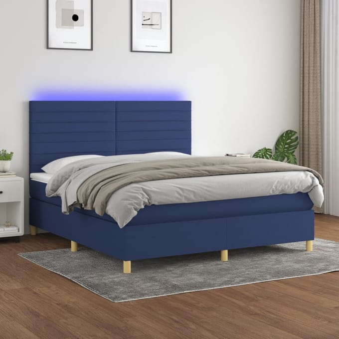 vidaXL - Boxspring - met - matras - en - LED - stof - blauw - 180x200 - cm