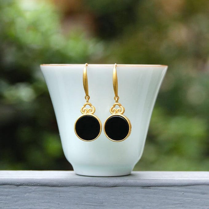 Design Créatif Boucles d'Oreilles Rondes Miroir en Jade Naturel Hetian Incrusté Design Artisanat Or Antique Bijoux Style Chinois Classique white