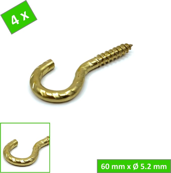 TQ4U Schroefhaak messing - 60 mm - Ø 5.2 mm - Gedecoreerd - 4 stuks