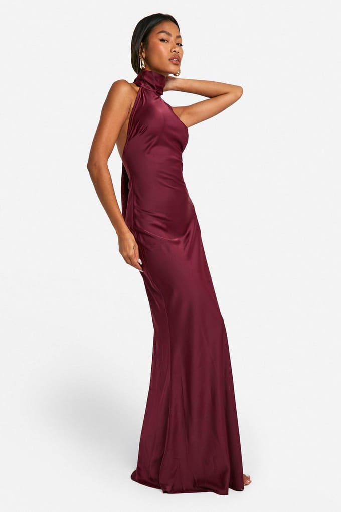 boohoo Dames Satijnen Halterneck Maxi Jurk | Wine | Maat: 16